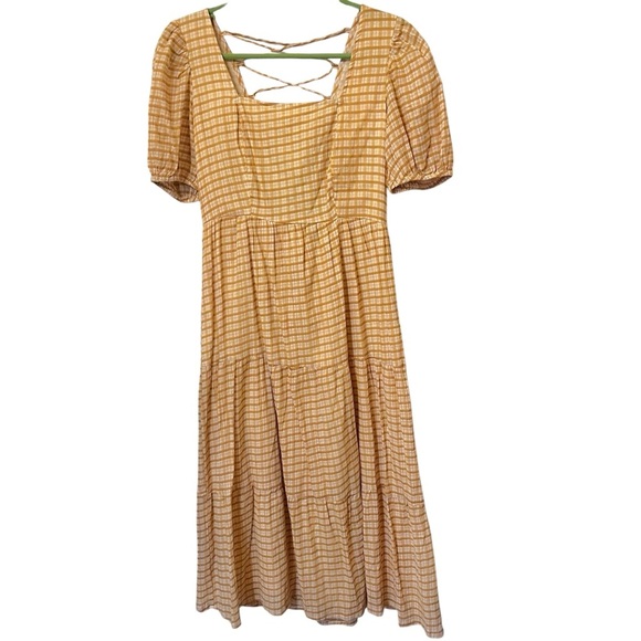 NWT Yellow Checked Tiered Midi Dress - Picture 3 of 7
